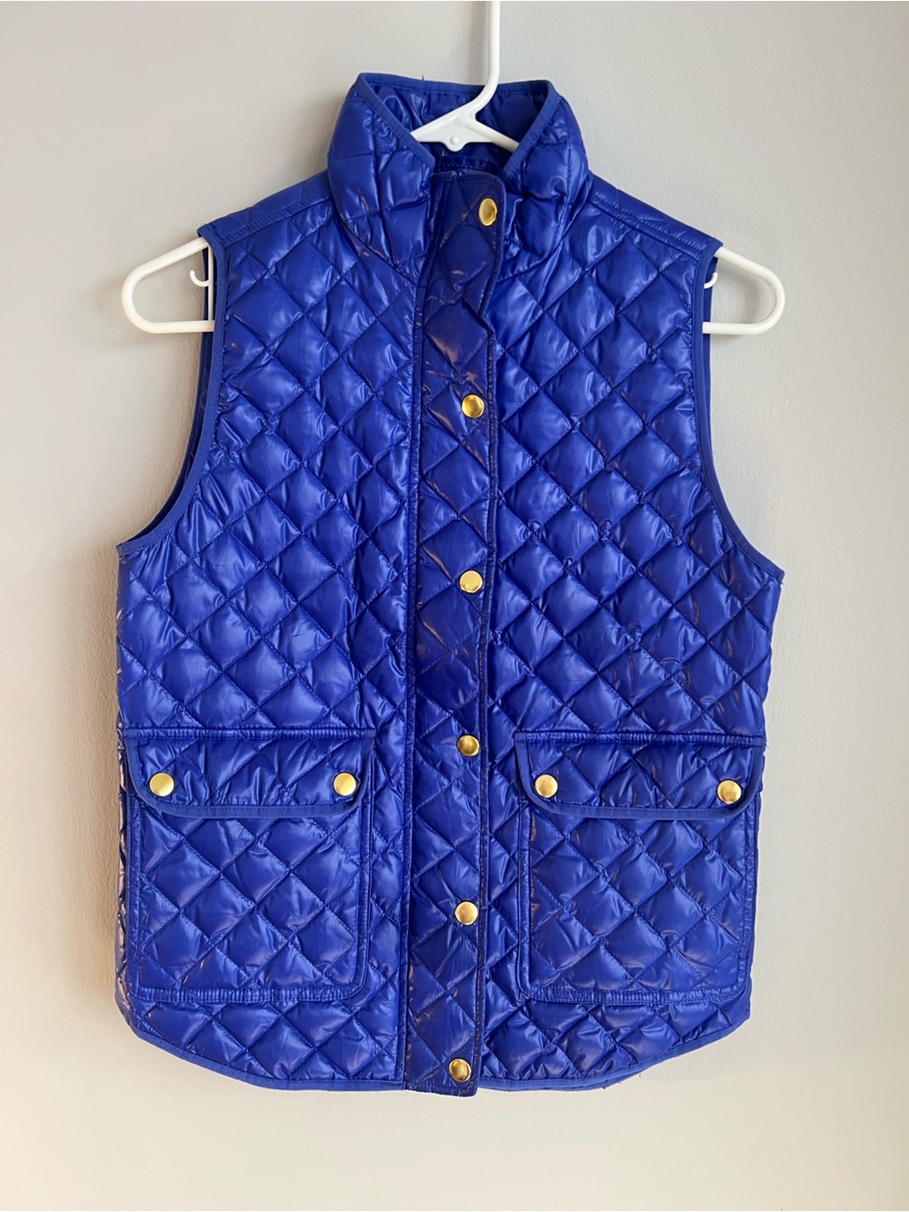 J. Crew Vest with Pockets Lightweight Sheen Quilted Indigo Blue W/ Gold Buttons